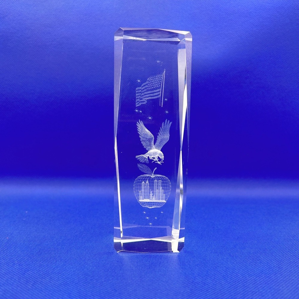 NYC Skyline Eagle American Flag 3D Laser Etched Crystal Glass Paperweight Tower